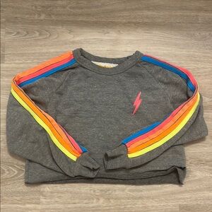 Aviator Nation Gray and Pink Cropped Sweatshirt with Colorful Stripes